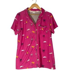 Munki Munki Pink Cat Lady Pajama Top Button Front Collared Short Sleeve Women XL